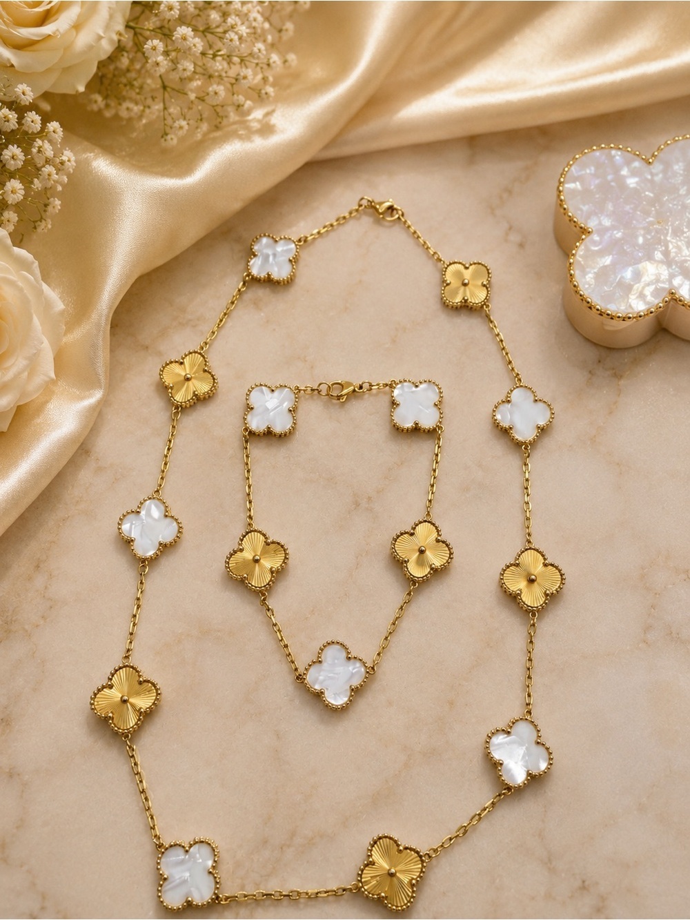 Gold & Mother of Pearl Clover Station Necklace & Bracelet Set